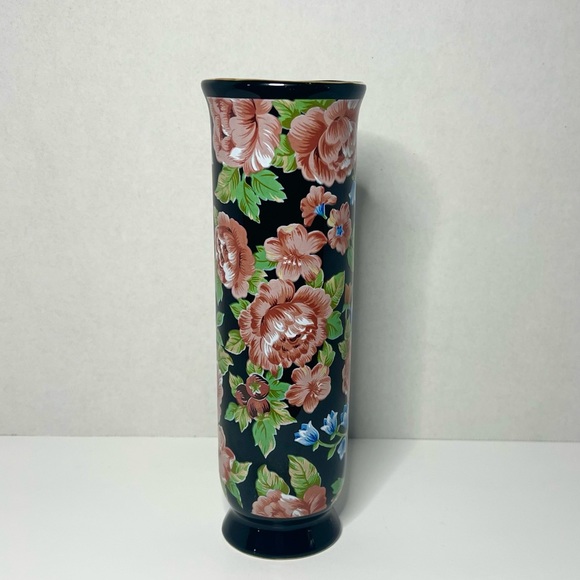 Otagiri Tavistock Floral Garden Vase Black Pink Flowers Gold Trim Made In Japan - Picture 3 of 5